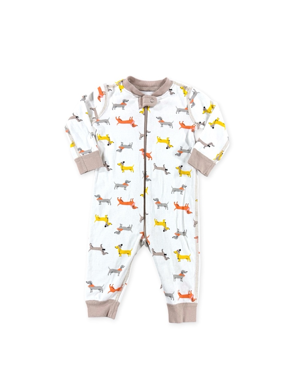 Quince Cotton 6-9m Kids White Dog Print One-Piece Pajamas with Taupe Trim